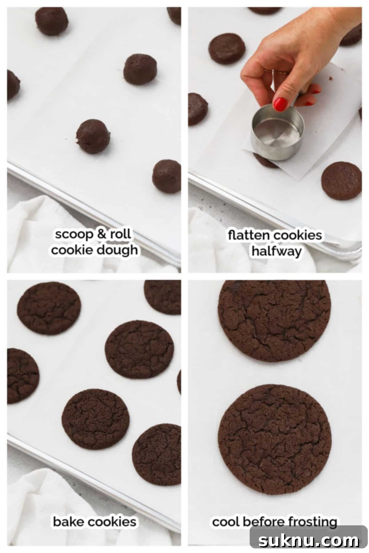 Shaping and baking homemade gluten-free Oreos, step by step, on a parchment-lined baking sheet