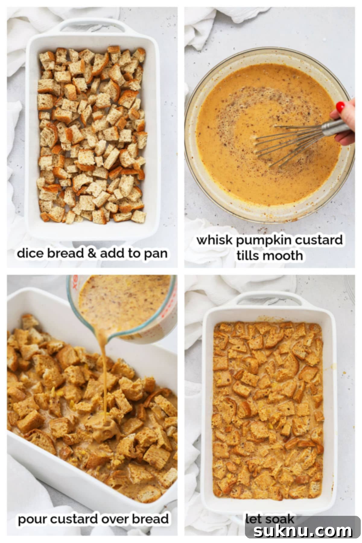 Gluten-Free Pumpkin Spice French Toast Casserole 5 Step-by-step images showing the preparation of pumpkin French toast casserole: dicing bread and mixing custard.