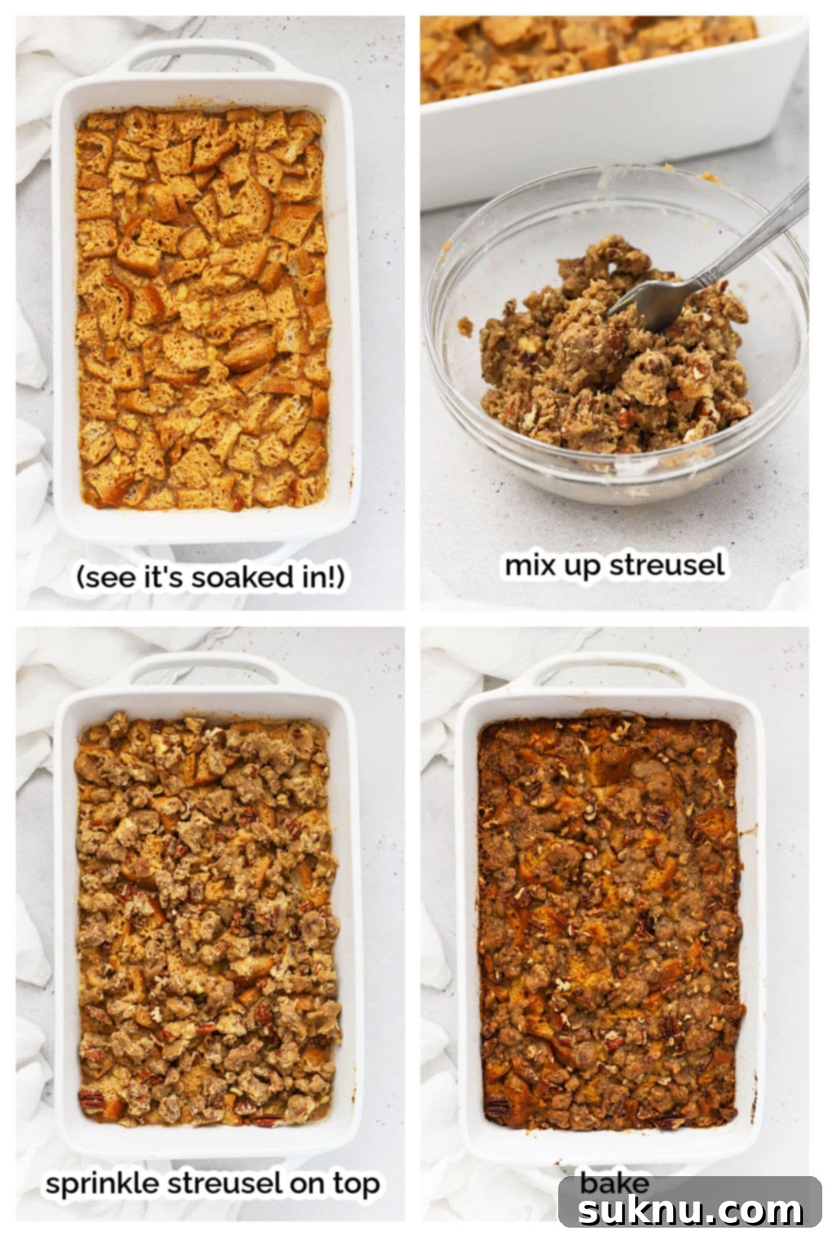 Gluten-Free Pumpkin Spice French Toast Casserole 6 Step-by-step images showing the preparation of streusel topping and the casserole soaking.