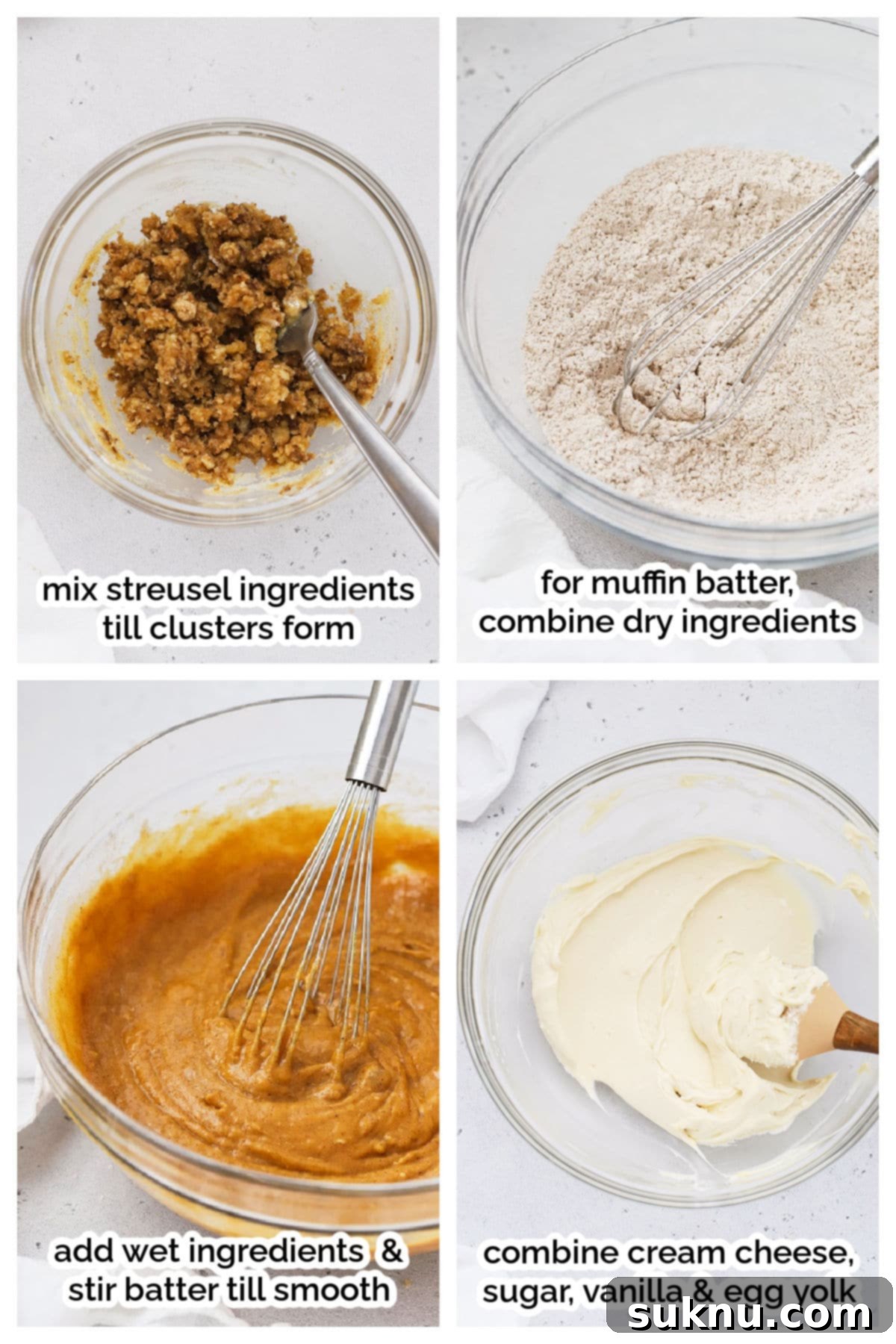 Spiced Gluten-Free Pumpkin Cream Cheese Muffins 5 A step-by-step image guide showing the process of making gluten-free pumpkin cheesecake muffins
