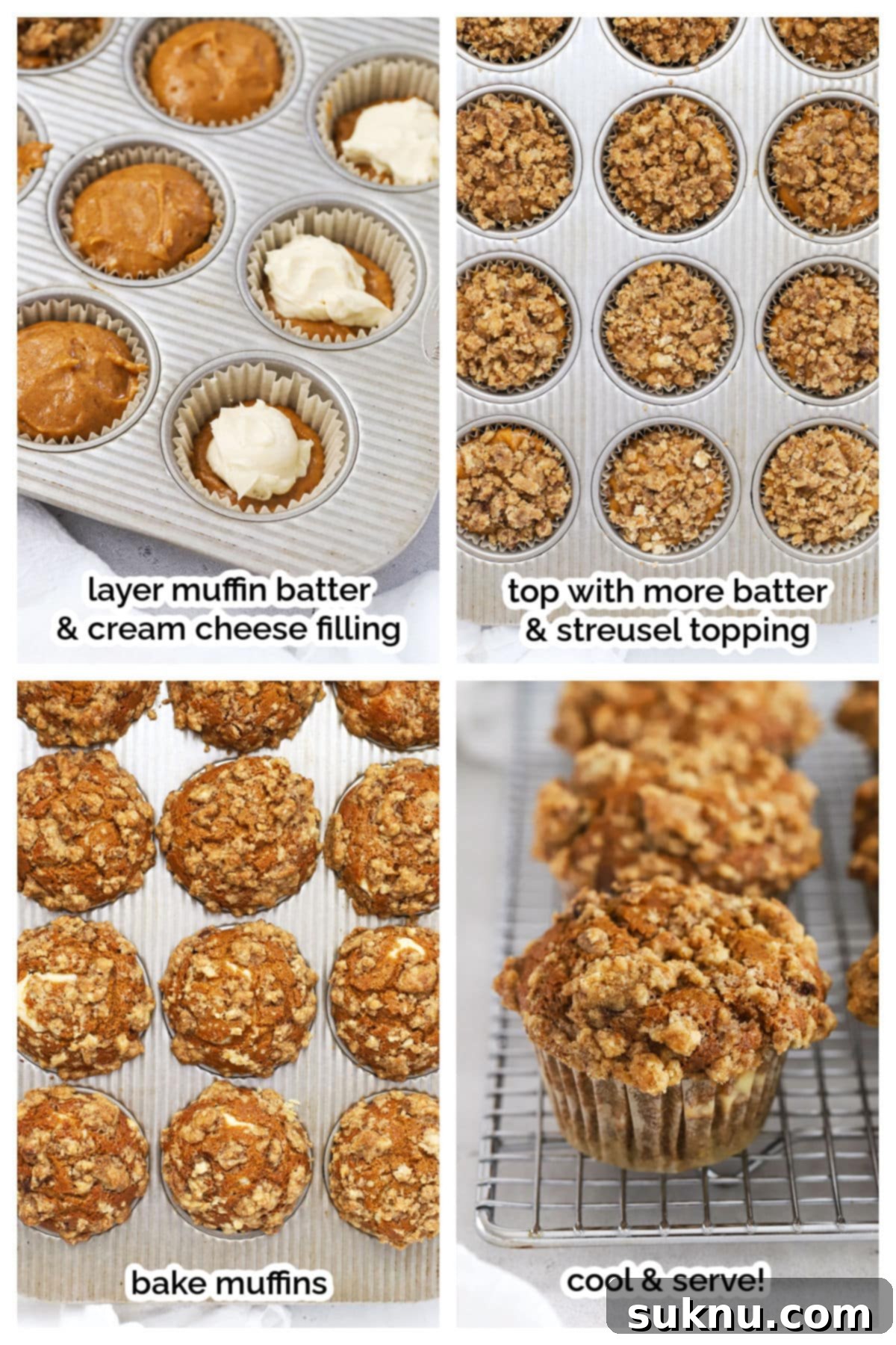 Spiced Gluten-Free Pumpkin Cream Cheese Muffins 6 An in-progress shot showing muffin cups being layered with pumpkin batter and cream cheese filling