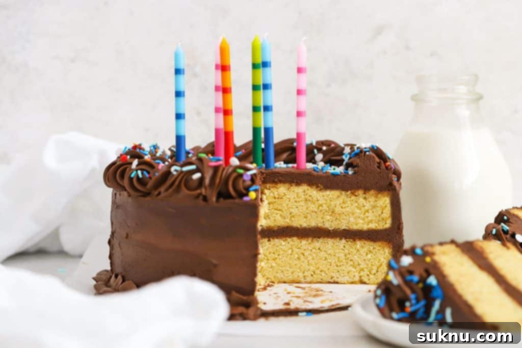 A vibrant and festive gluten-free yellow layer cake with rich chocolate frosting, adorned with a scattering of colorful sprinkles and striped birthday candles, ready to celebrate.