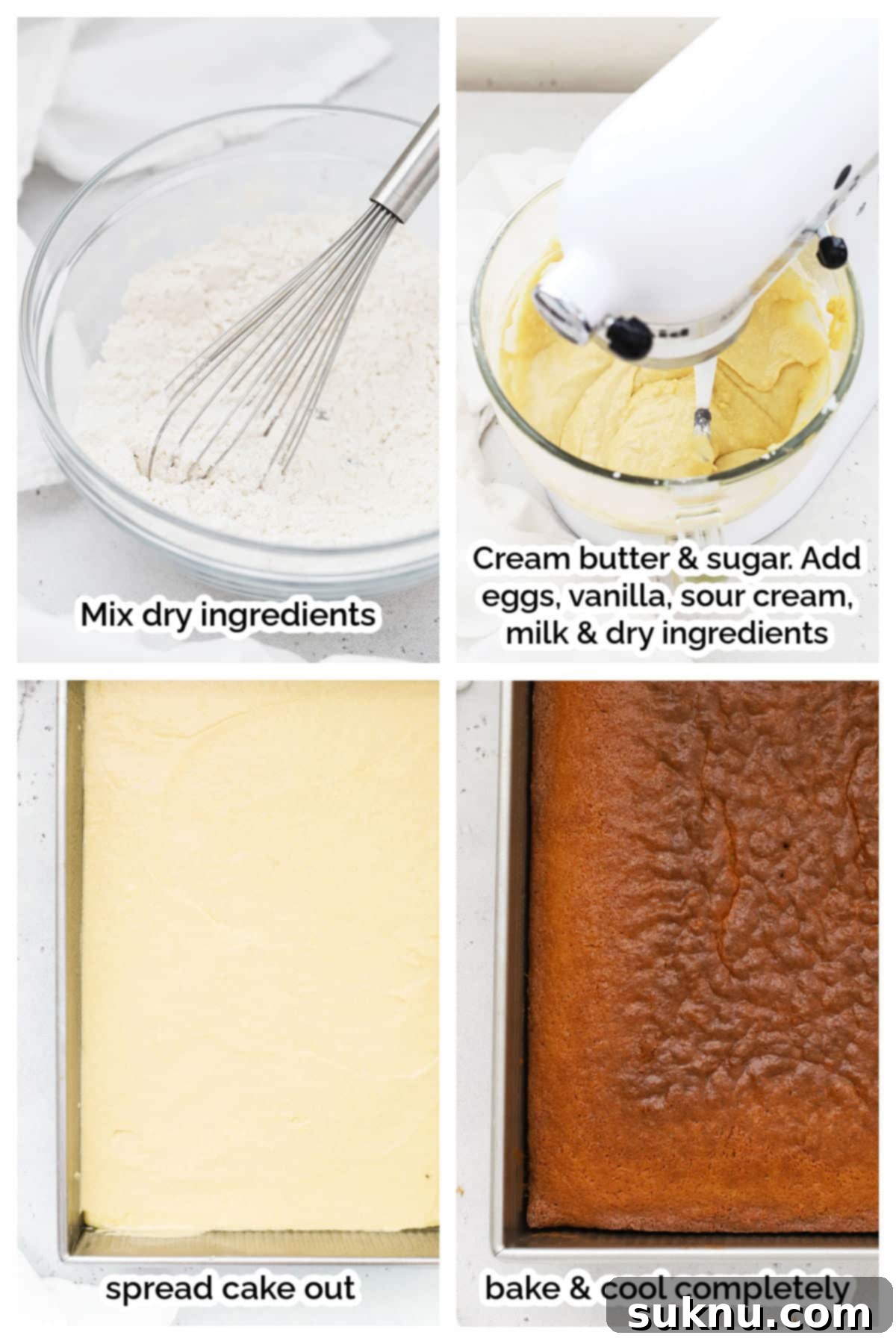 A visual guide showing the step-by-step process of making a gluten-free yellow sheet cake, from mixing dry and wet ingredients separately to combining them and pouring the batter into the prepared pan.