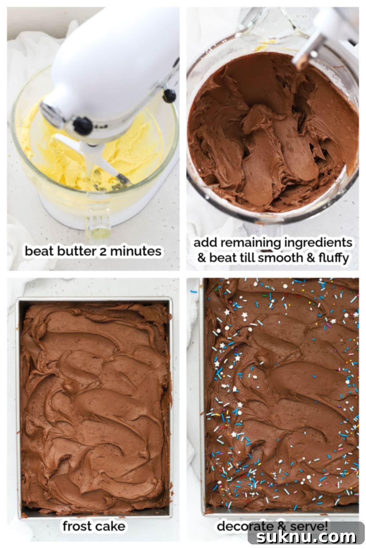An inviting image showcasing the process of frosting and decorating a homemade gluten-free yellow sheet cake with rich chocolate buttercream using an offset spatula, ready for sprinkles.
