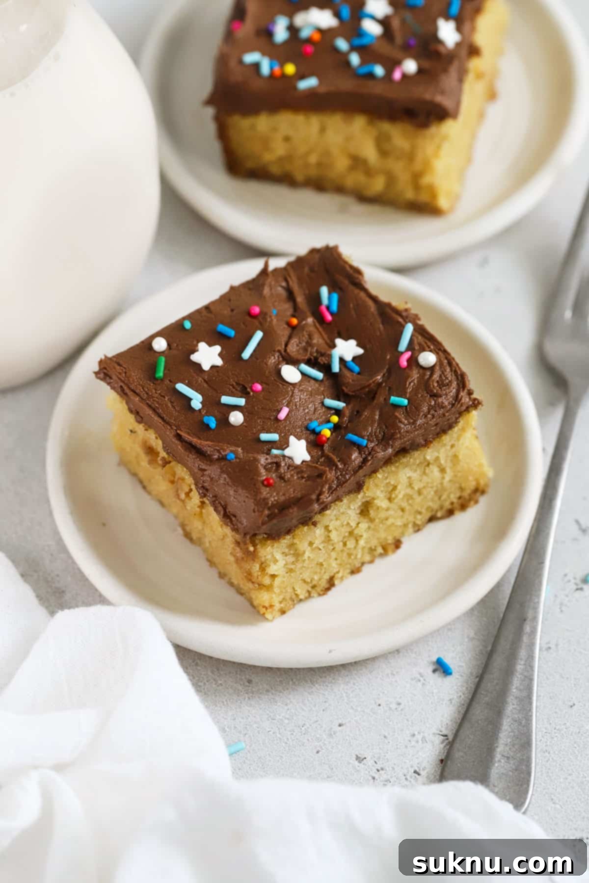 A delectable slice of gluten-free yellow sheet cake adorned with rich chocolate frosting and colorful sprinkles, perfectly presented for a festive occasion.