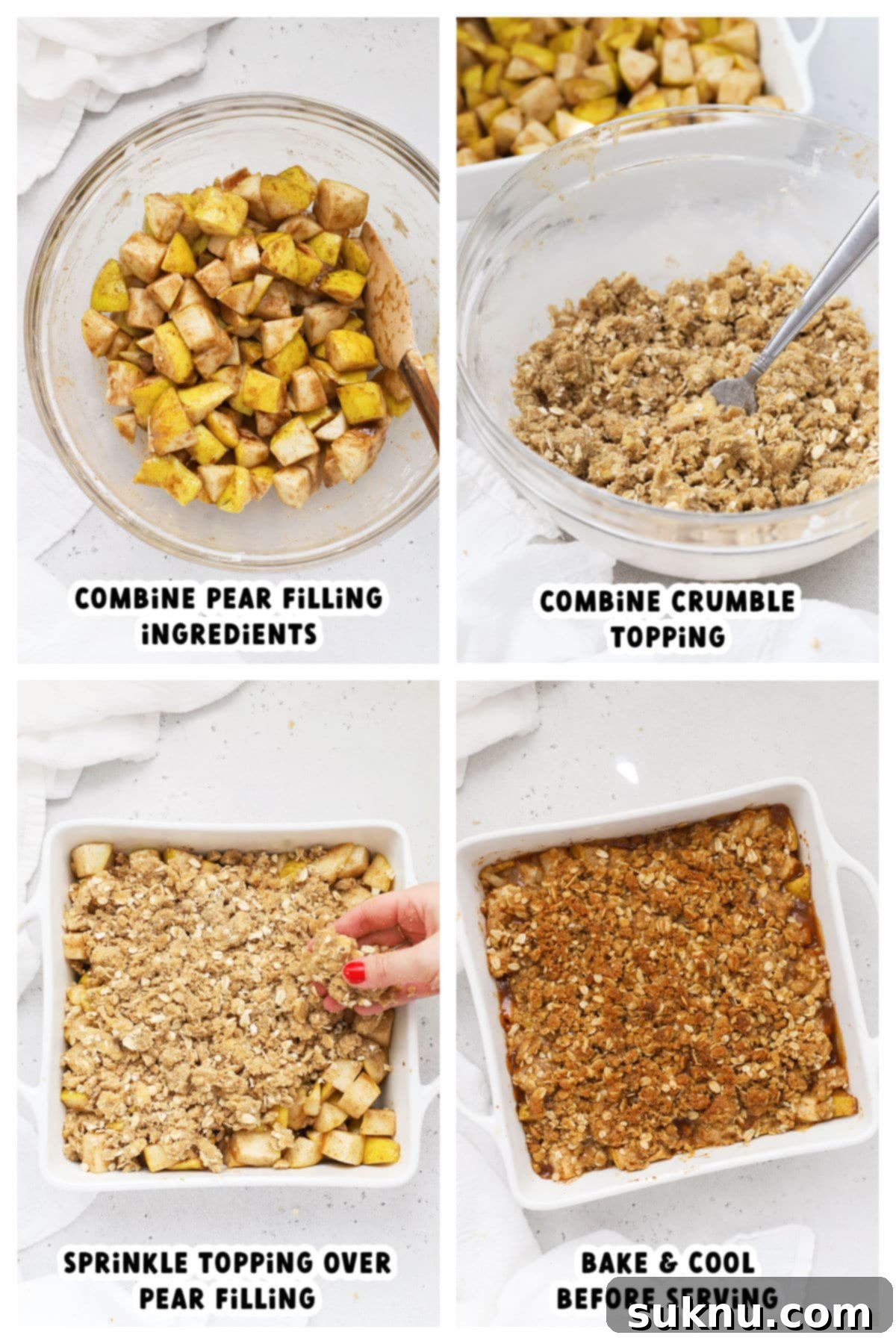 Step-by-step photos showing the preparation of gluten-free pear crisp, from mixing pears to adding the crumble topping before baking.