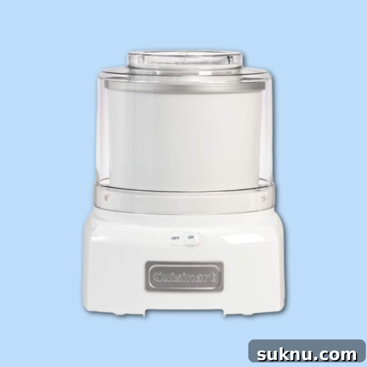White Cuisinart ice cream maker on a blue background