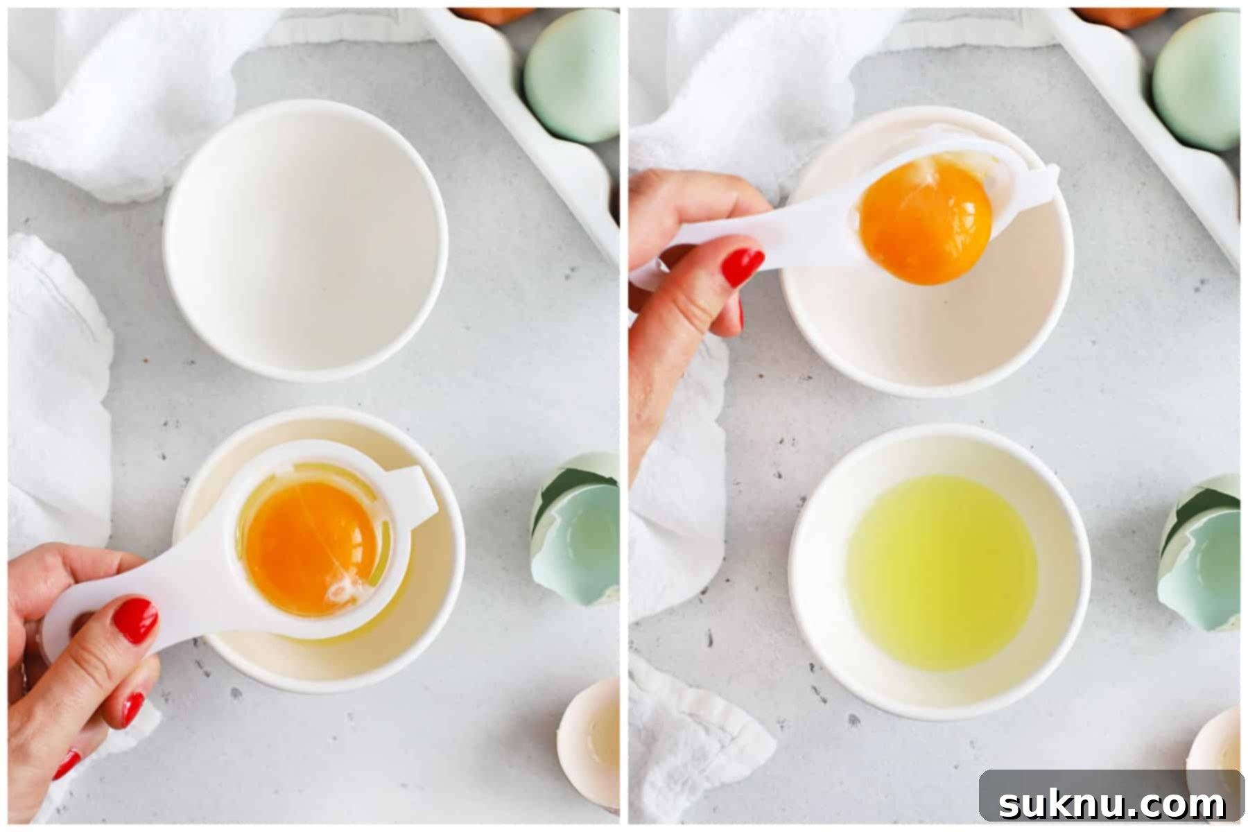 How to Separate Egg Whites and Yolks 7 A close-up view of using a specialized egg separator tool to cleanly divide an egg yolk from its white