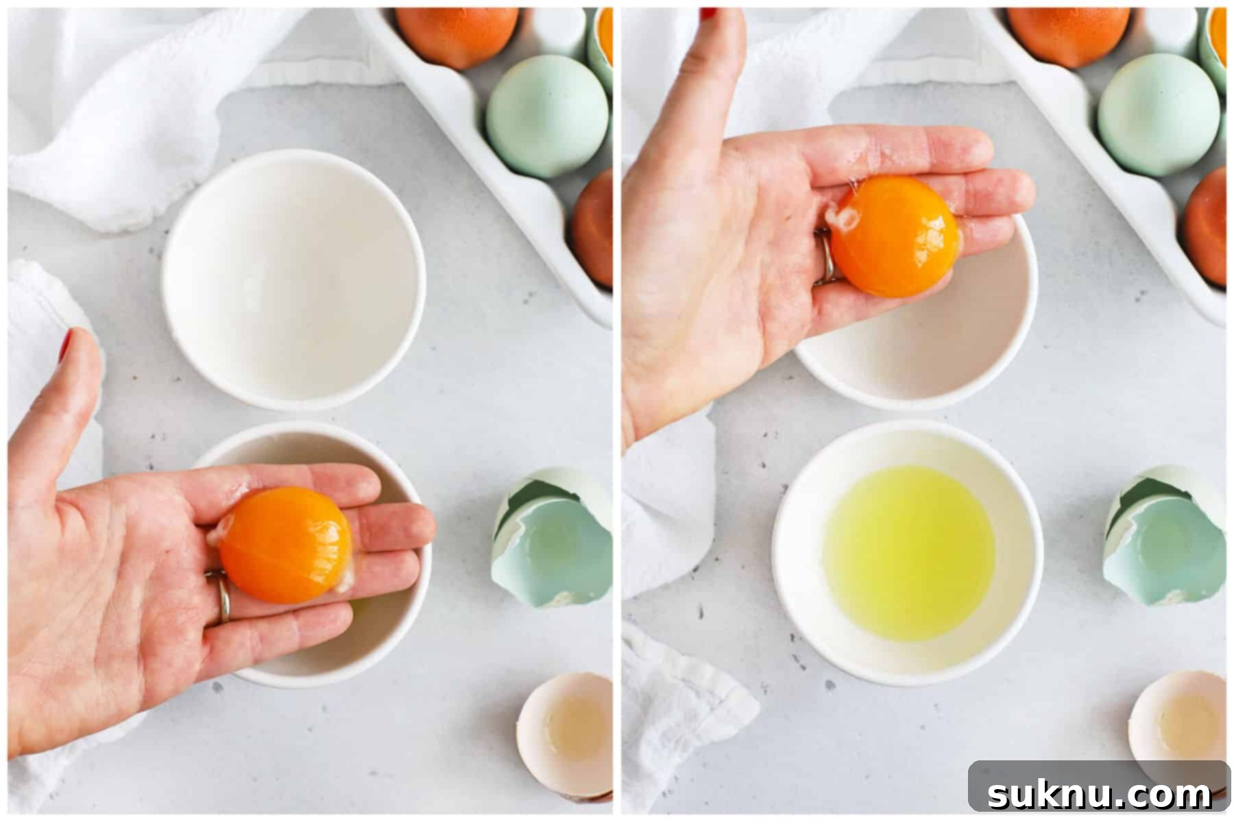 How to Separate Egg Whites and Yolks 8 A close-up of a hand gently holding an egg yolk, allowing the white to drip through the fingers into a bowl