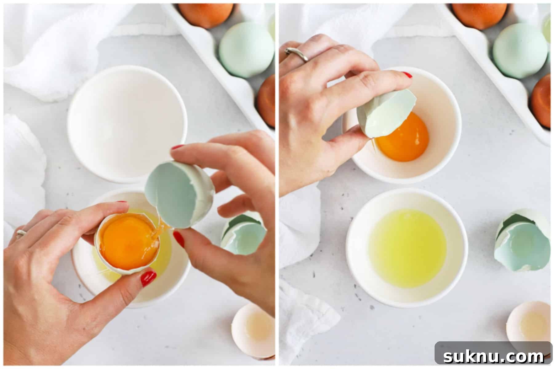 How to Separate Egg Whites and Yolks 9 A close-up view of the traditional method of separating an egg using two halves of its shell