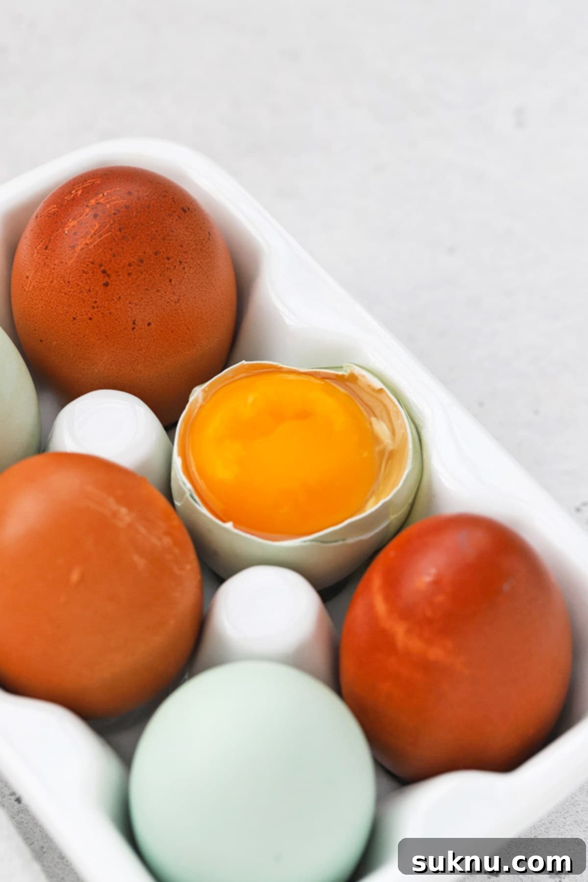 How to Separate Egg Whites and Yolks 10 Front view of an egg carton with 6 eggs, one egg is open revealing a golden yolk, illustrating egg freshness