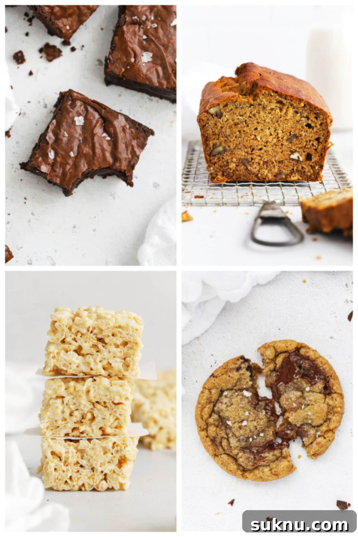 collage of 4 baking recipes that use brown butter - Brown butter chocolate chip cookies, brownies, rice krispie treats, and banana bread.