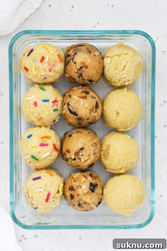 Overhead view of three kinds of frozen cookie dough