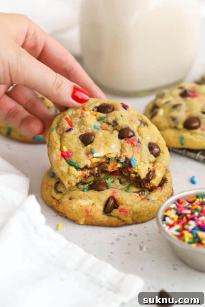 Setting down a gluten-free sprinkle chocolate chip cookie with colorful sprinkles