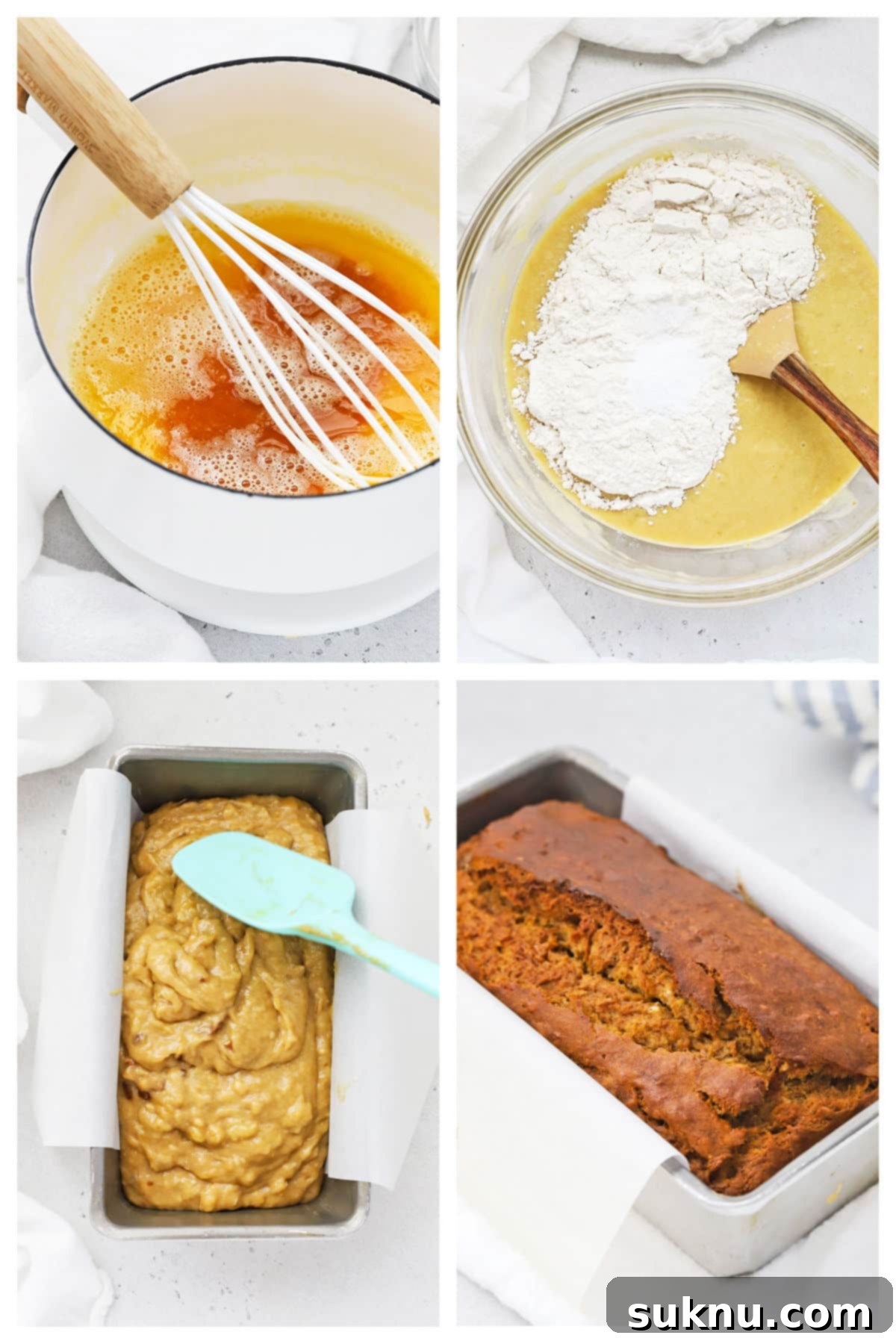 A visual step-by-step guide showing ingredients and mixing stages for making brown butter banana bread.