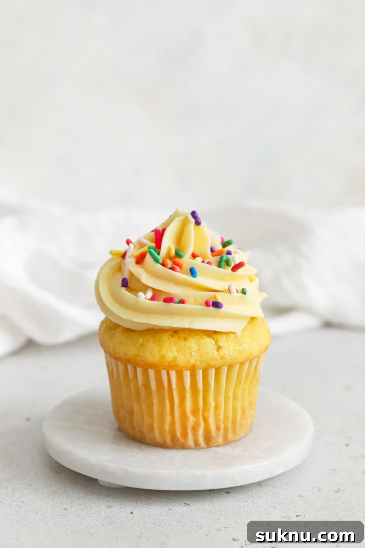 gluten-free vanilla cupcake topped with vanilla buttercream and jimmies sprinkles