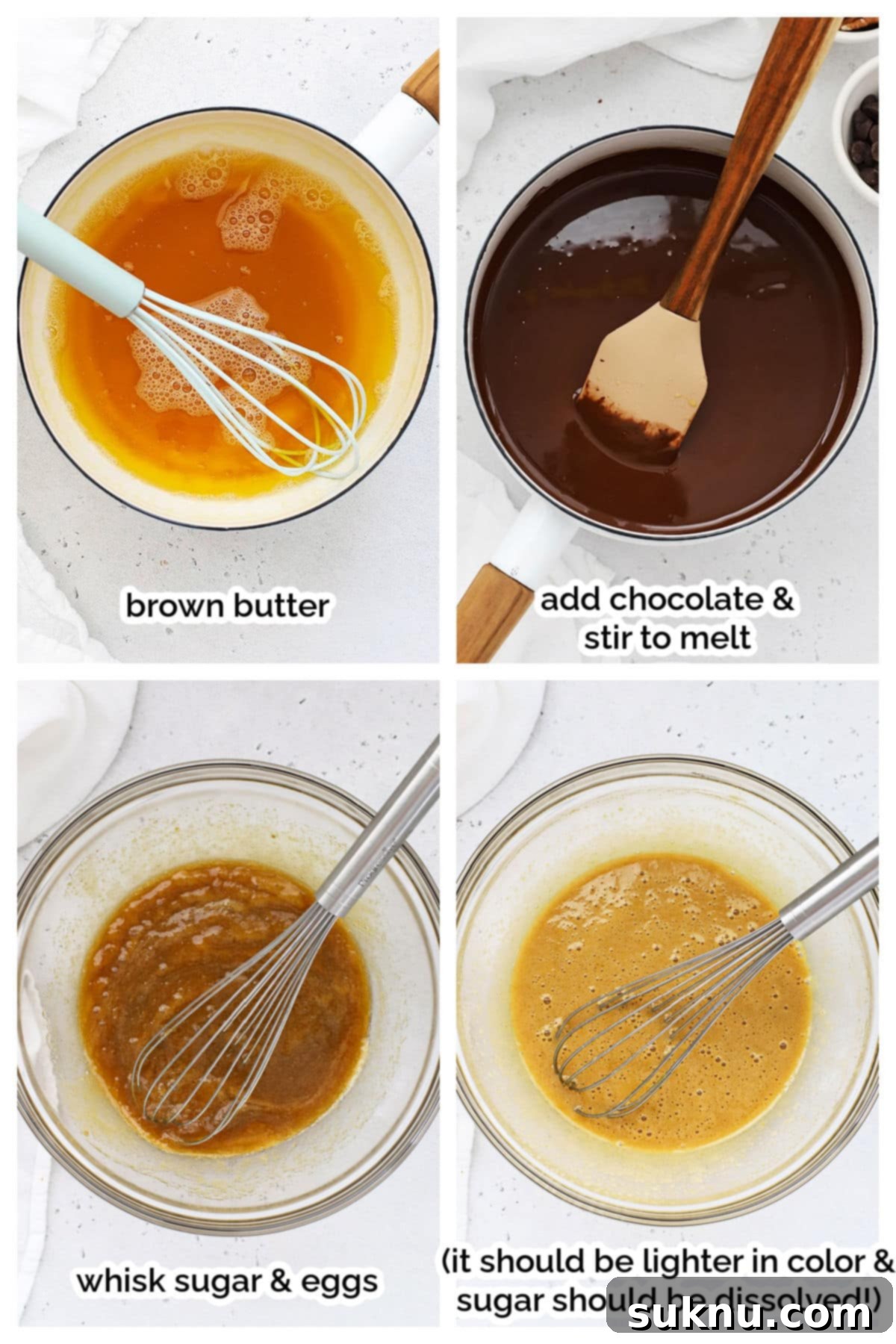 Fudgy Golden Brown Butter Gluten-Free Brownies 4 Step-by-step process of making gluten-free brown butter brownies, showing the ingredients and initial mixing.