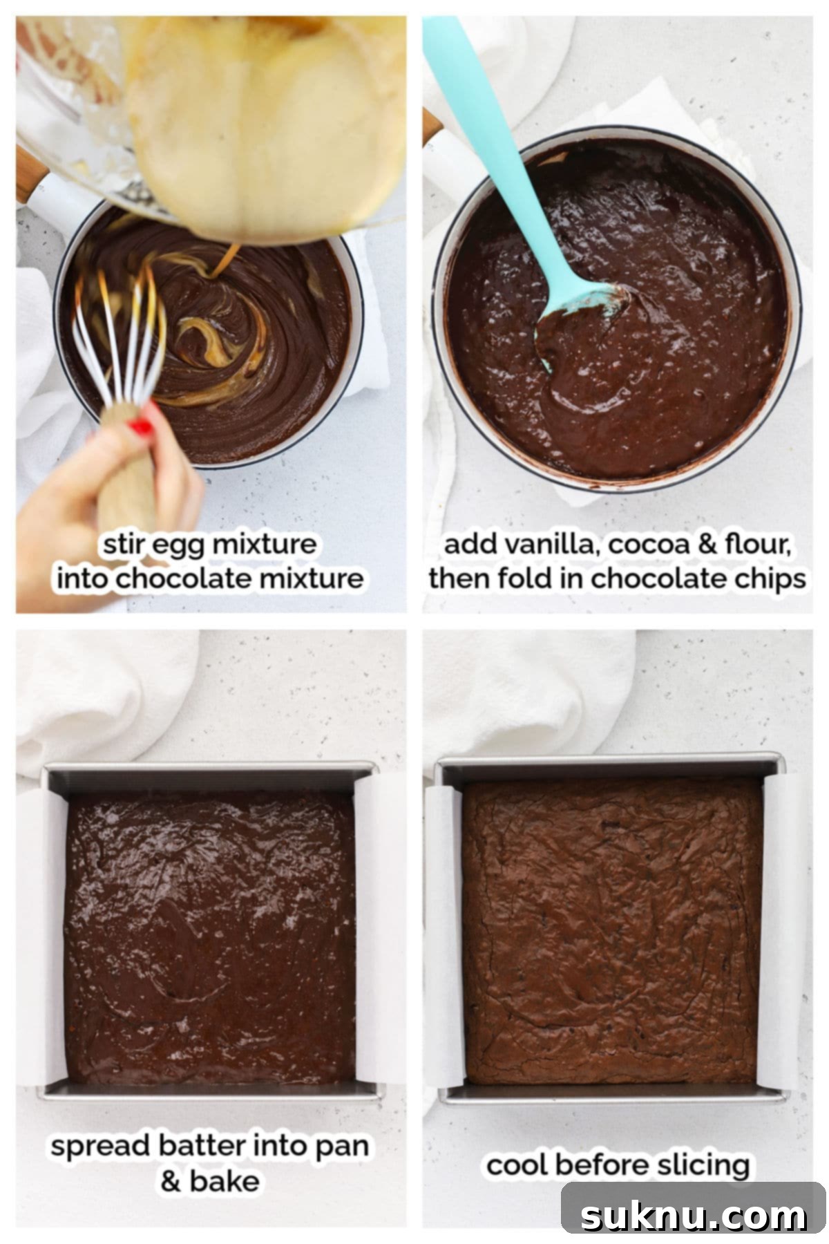 Fudgy Golden Brown Butter Gluten-Free Brownies 5 The process of combining wet and dry ingredients to form gluten-free brown butter brownie batter, ready for baking.