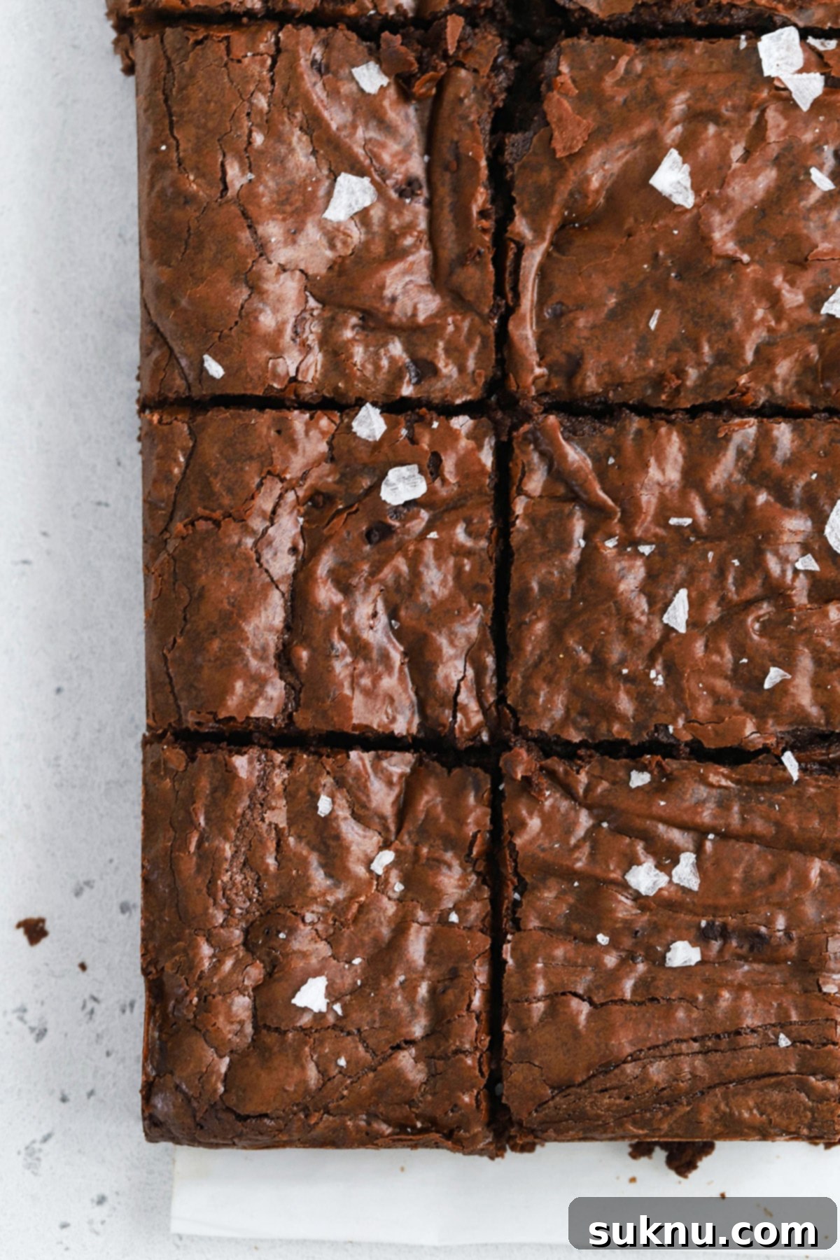 Fudgy Golden Brown Butter Gluten-Free Brownies 7 Overhead view of a batch of fudgy gluten-free brown butter brownies cut into squares, showcasing their rich texture and perfect portions.