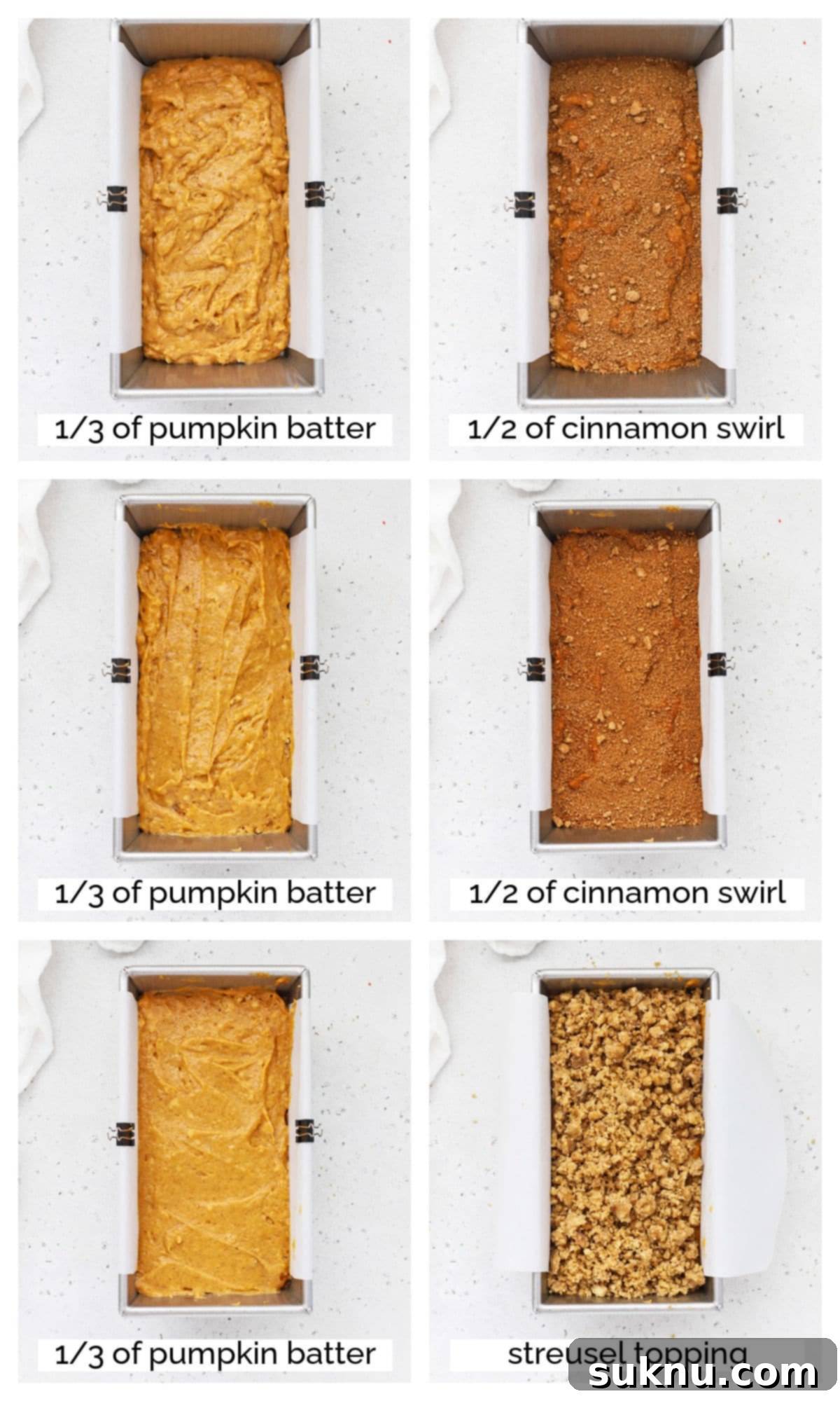 Step-by-step layering of gluten-free pumpkin bread batter, cinnamon swirl, and streusel topping in a loaf pan