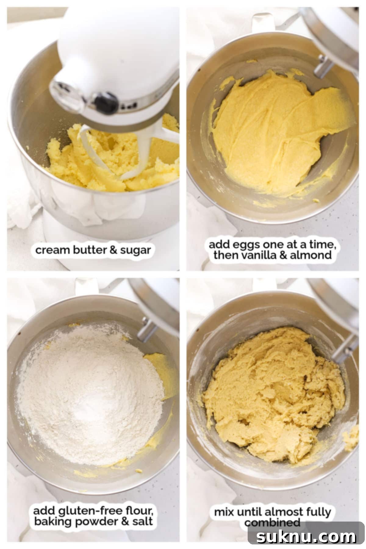 Sprinkled Gluten Free Sugar Cookies 4 Step-by-step illustration of making gluten-free sprinkle sugar cookie dough, showing the mixing process.
