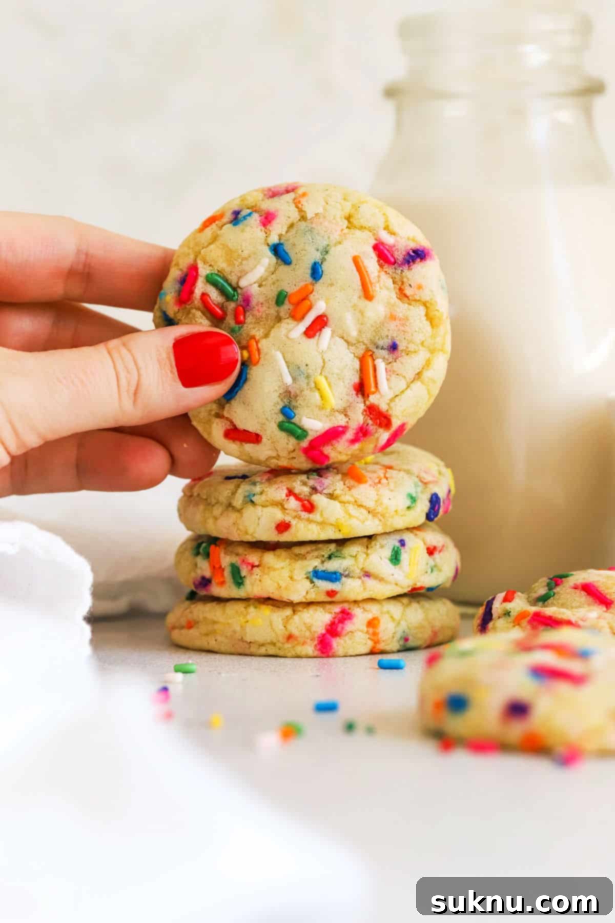 Sprinkled Gluten Free Sugar Cookies 8 A playful stack of gluten-free sprinkle sugar cookies next to a bottle of milk, ready for a delightful treat.