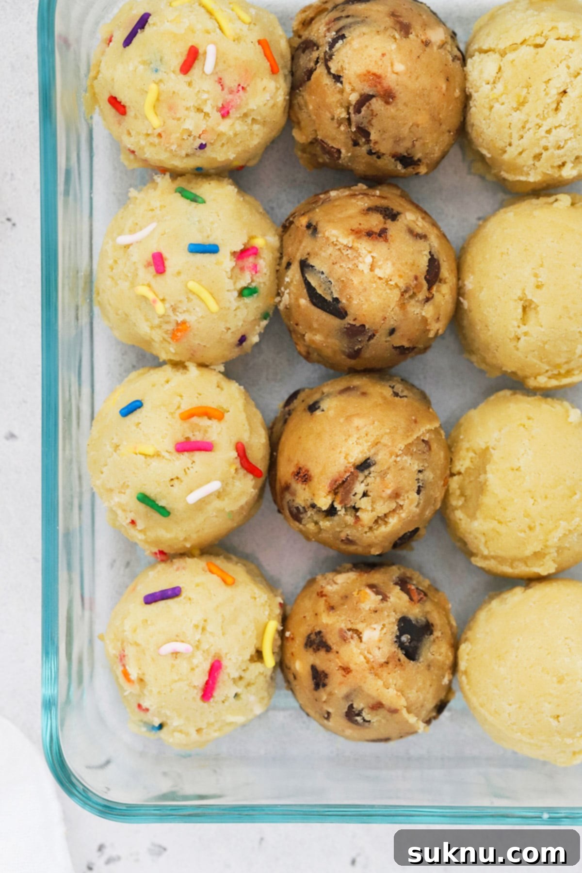 Freeze Cookie Dough Bake Fresh Cookies Anytime 2 Overhead view of three kinds of frozen cookie dough, perfectly prepped for the freezer