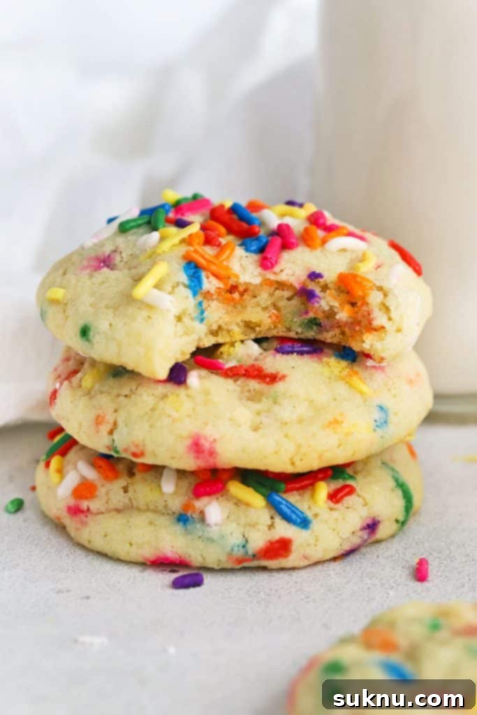Freeze Cookie Dough Bake Fresh Cookies Anytime 9 3 gluten-free sprinkle sugar cookies stacked next to a bottle of milk