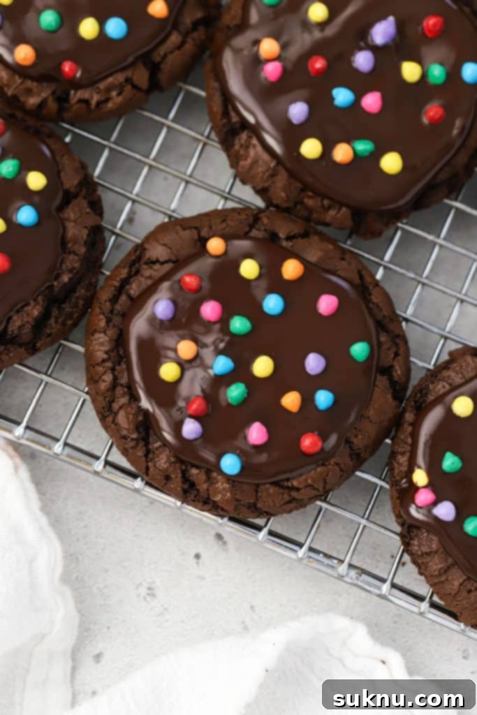 Gluten-free cosmic brownie cookies with chocolate ganache and rainbow bit sprinkles.