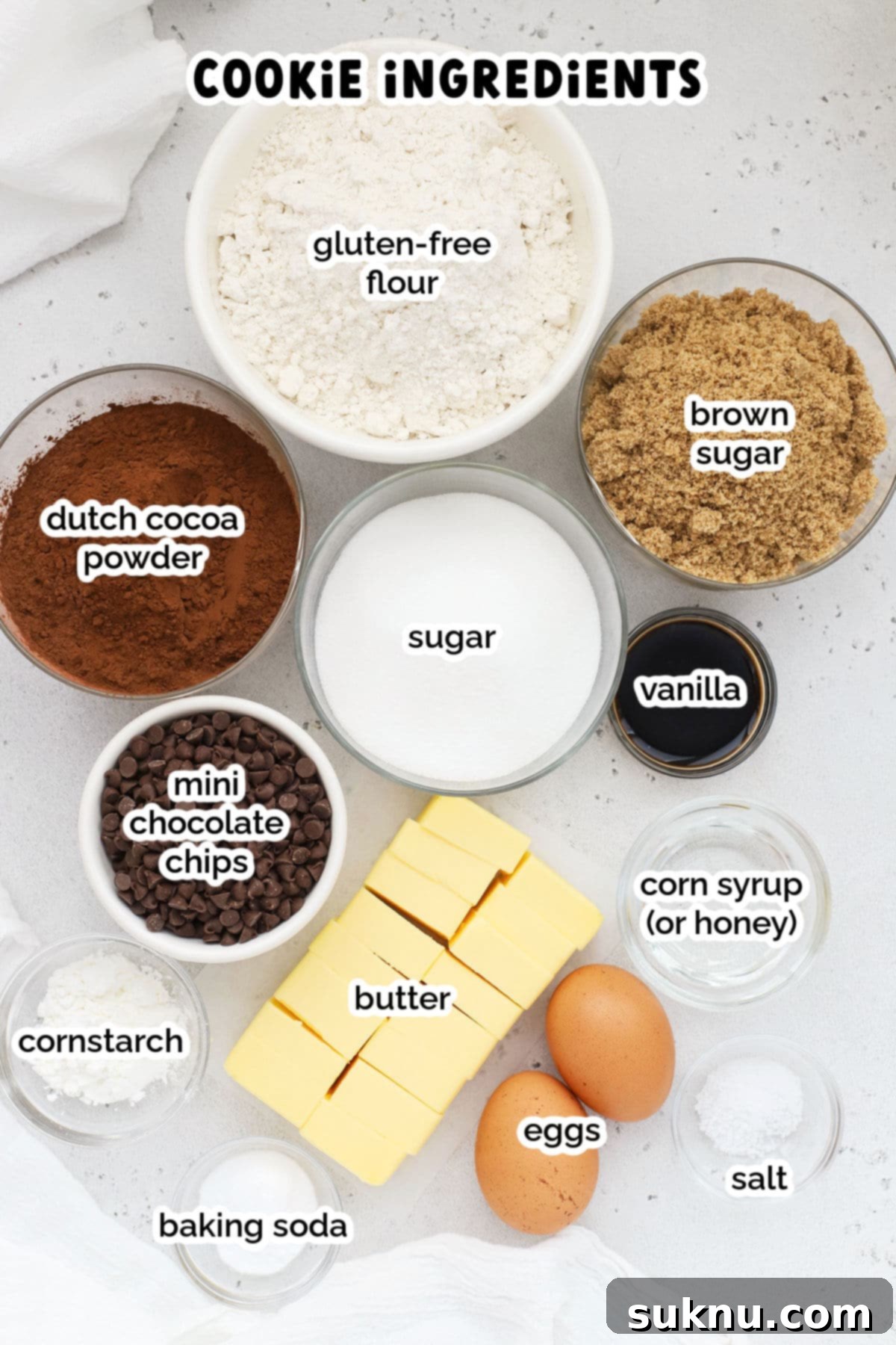 Ingredients for gluten-free chocolate Crumbl cookies, including flour, cocoa powder, sugars, and butter.