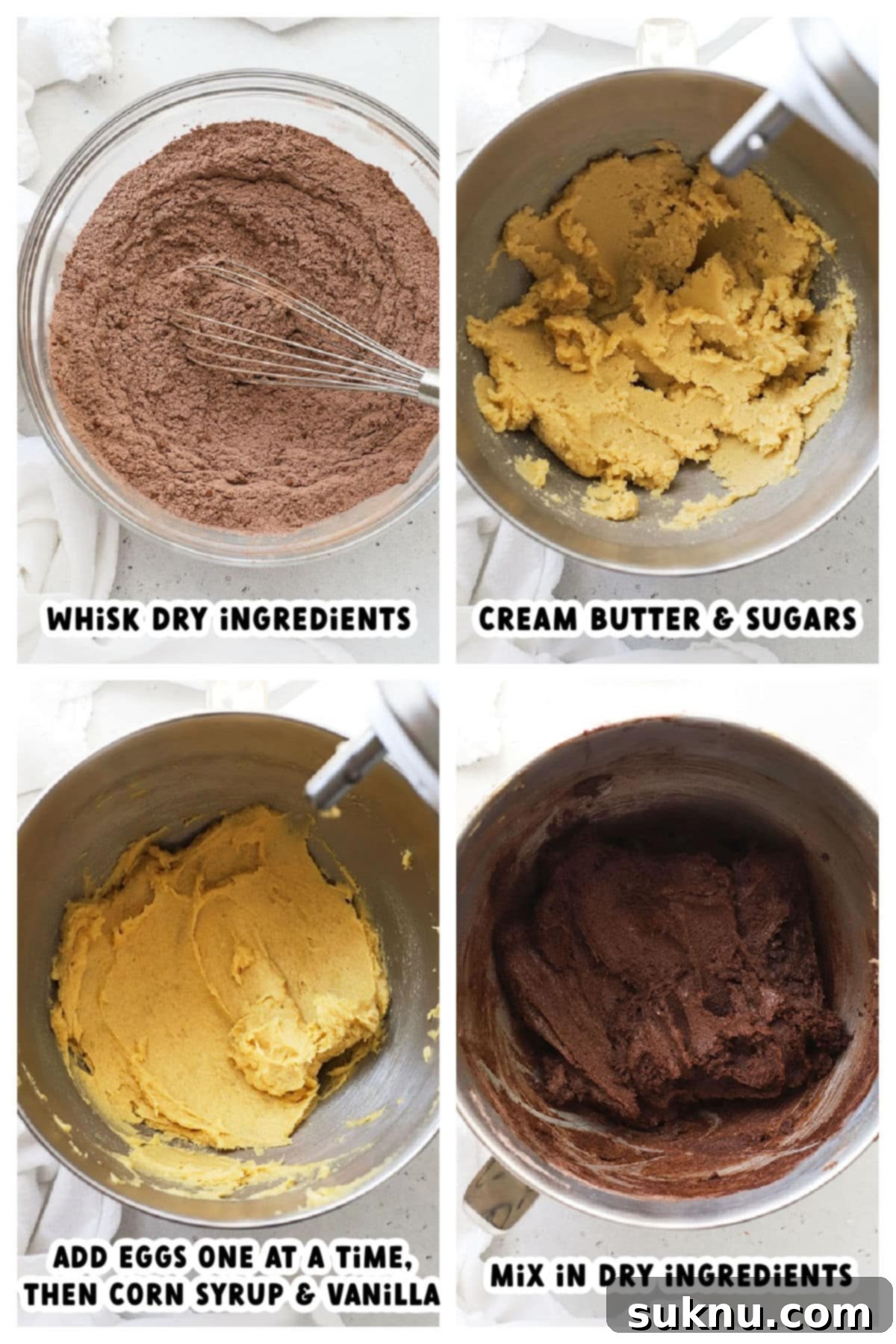 Step-by-step photos showing the process of making chocolate cookie batter.
