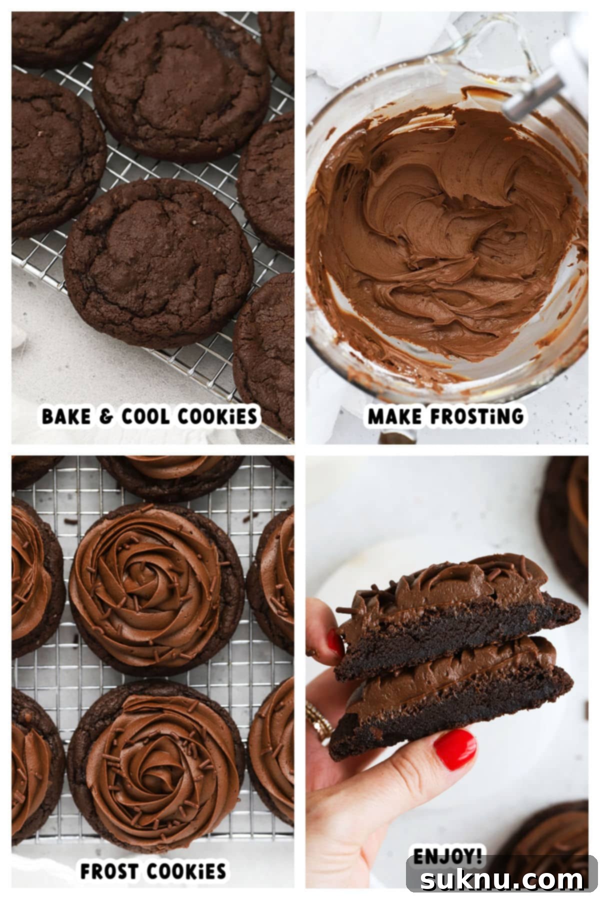 Step-by-step photos showing the process of baking and frosting gluten-free chocolate cookies.