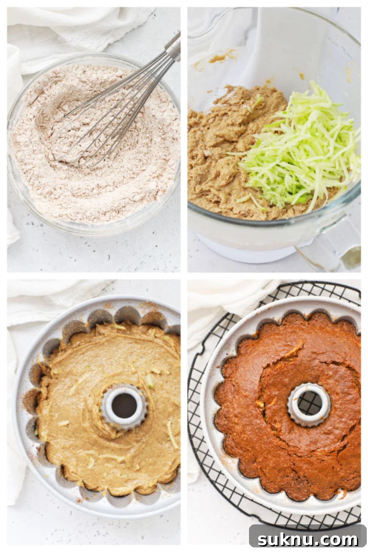 A visual guide showing the steps for making a gluten-free apple bundt cake, from mixing ingredients to folding in apples.