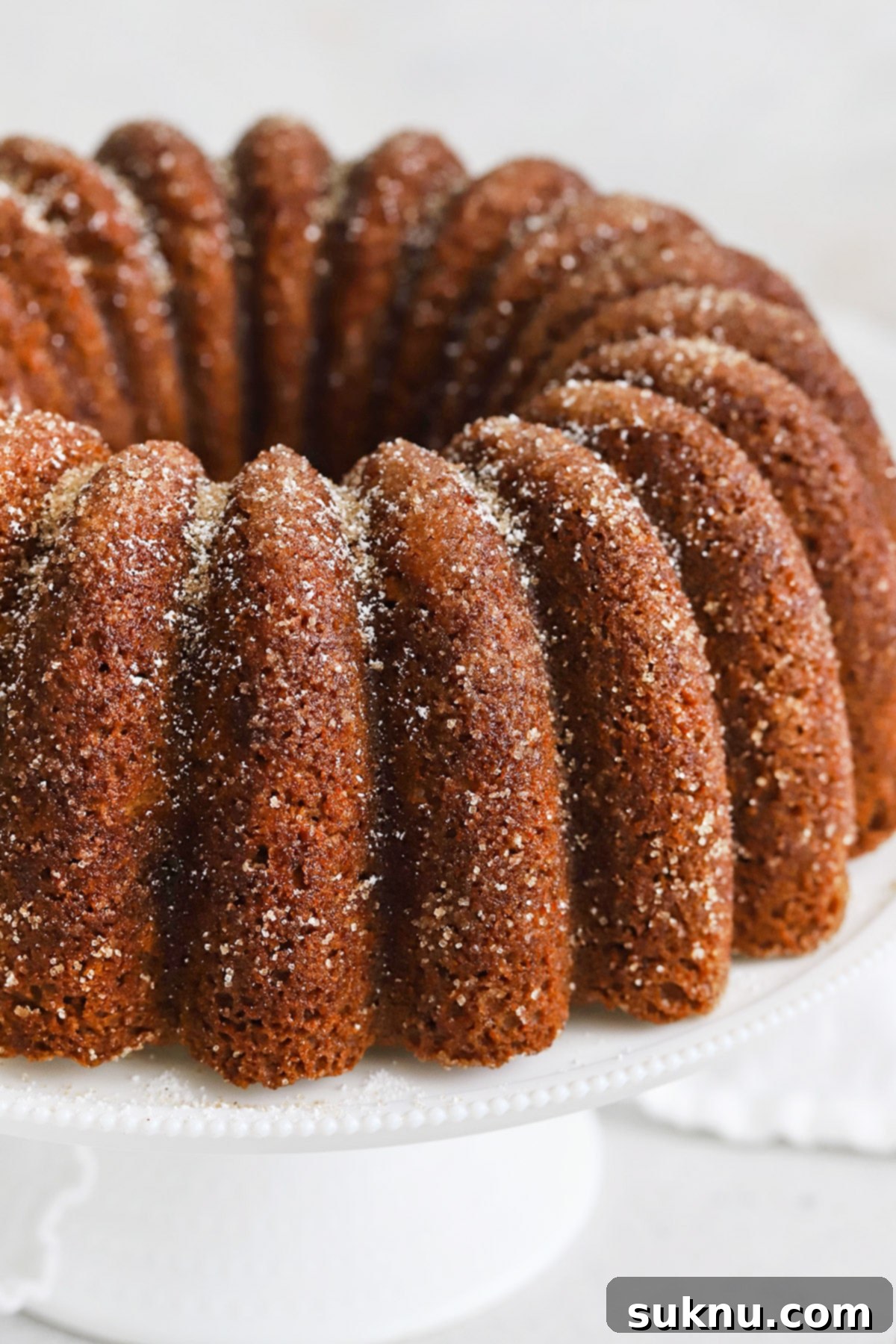 A close-up view of the baked gluten-free apple spice bundt cake, lightly dusted with cinnamon sugar, showcasing its perfect golden crust.