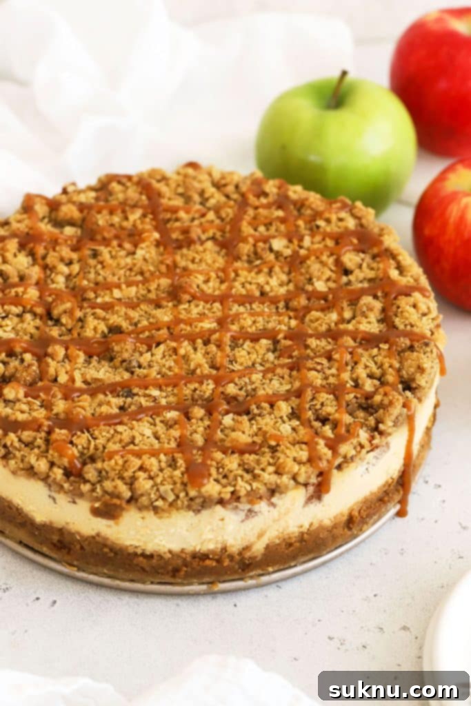 Gluten-free apple crumble cheesecake drizzled with caramel sauce, a rich autumn dessert.