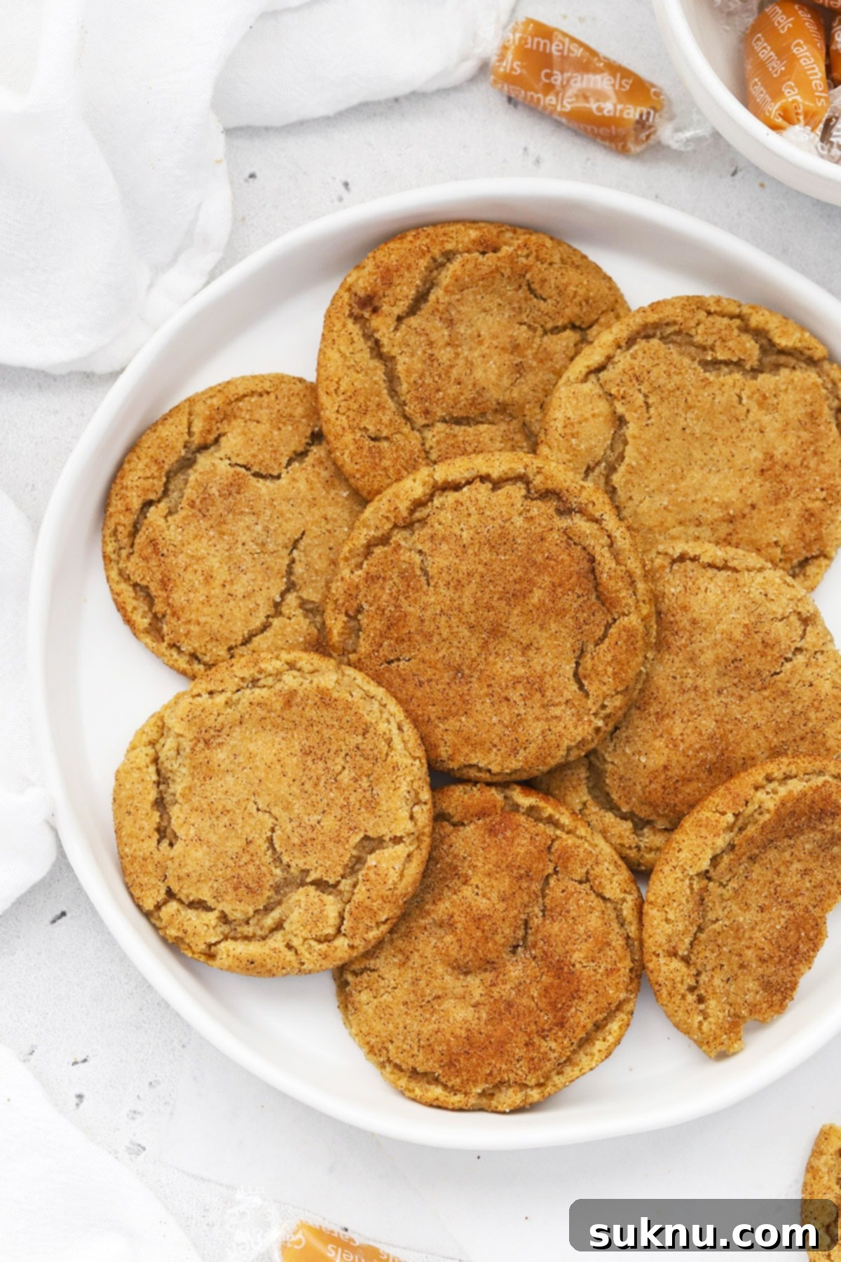 Overhead view of a plate of gluten-free brown butter caramel snickerdoodles