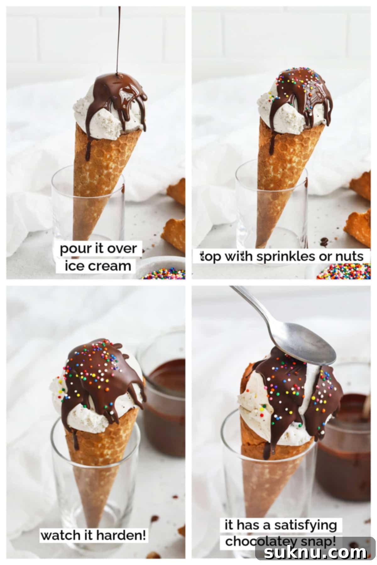Transform Your Ice Cream: 2-Ingredient Magic Chocolate Shell 8 Pouring homemade magic chocolate shell onto an ice cream cone with a scoop of ice cream