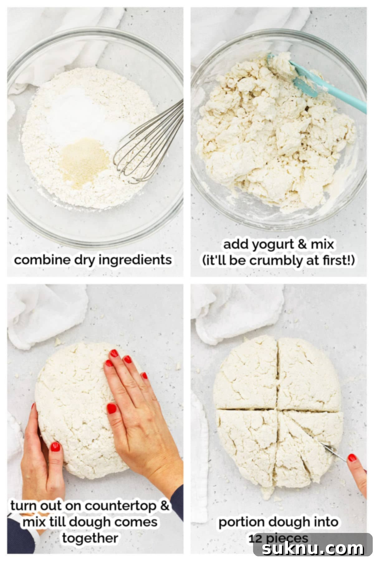 A visual guide showing the initial steps of making gluten-free biscuit dough, from mixing dry ingredients to adding yogurt.