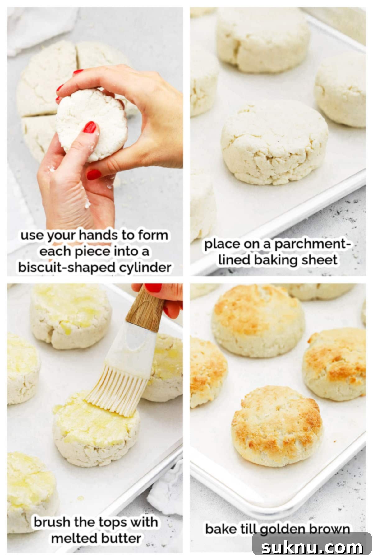 A visual step-by-step of shaping and arranging gluten-free biscuit dough on a baking sheet, ready for the oven.