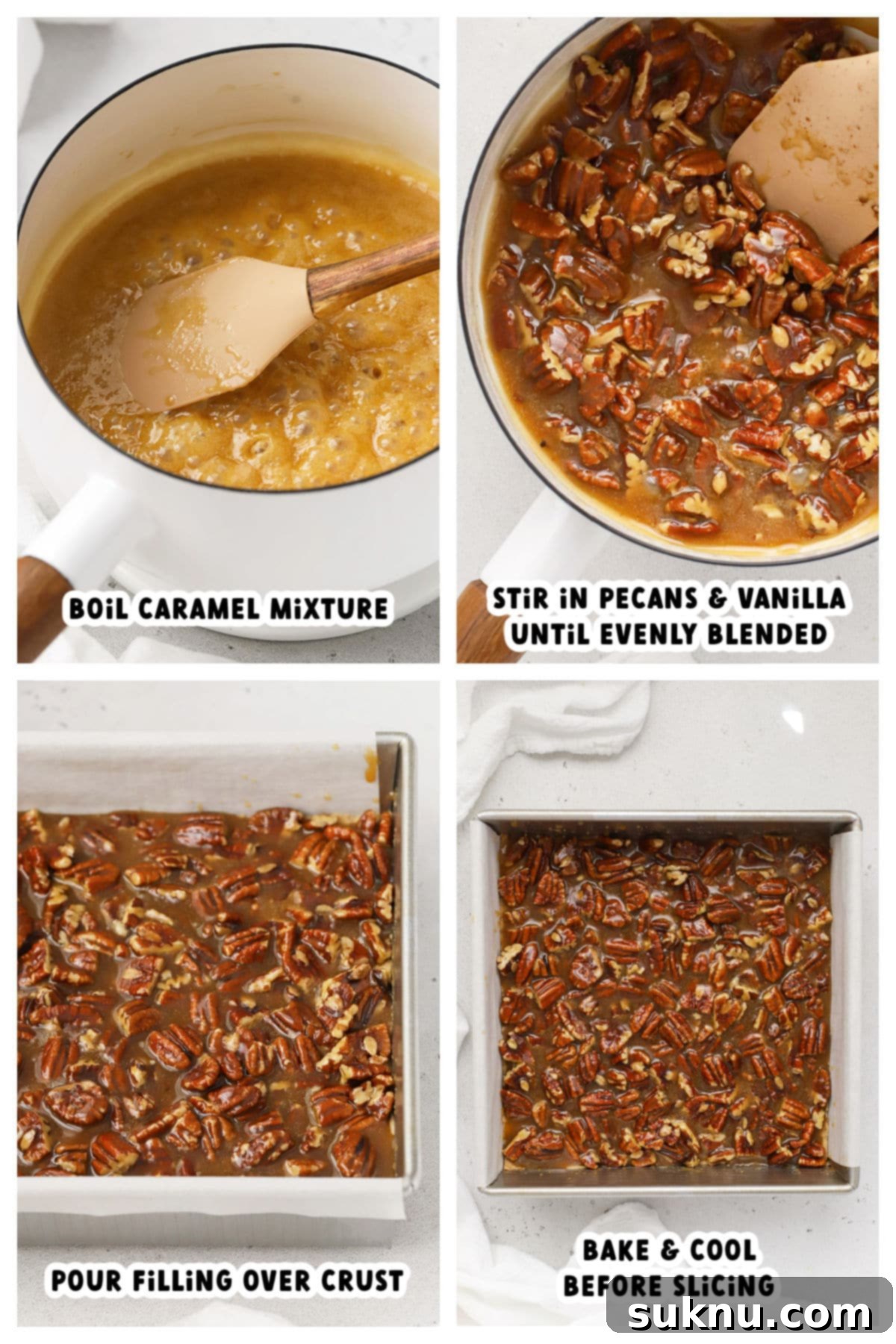 Sweet and Salty Gluten-Free Pecan Caramel Treats 5 Step-by-step process of adding salted caramel pecan filling over the baked shortbread crust