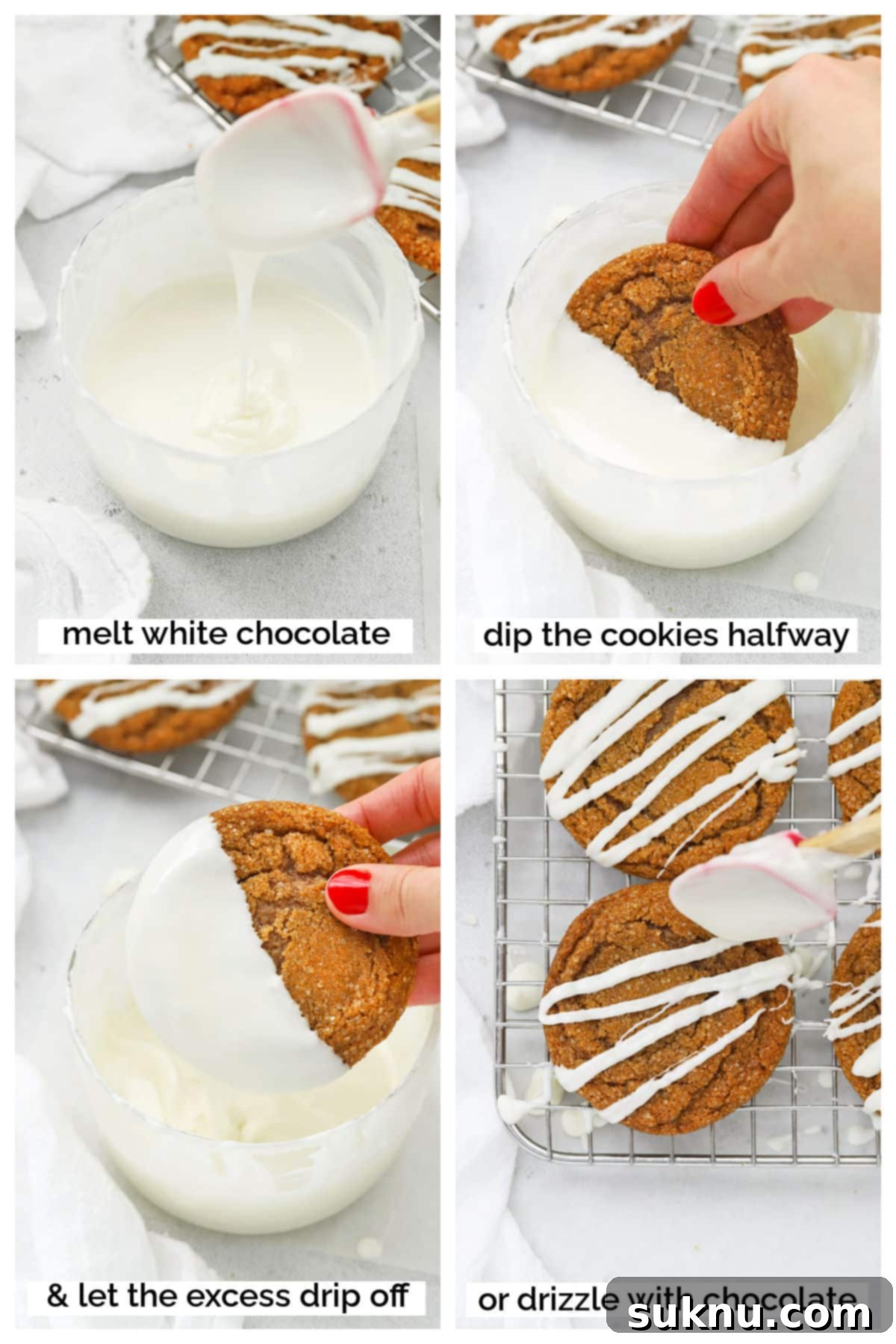 dipping gluten free ginger cookies in white chocolate and drizzling cookies with white chocolate