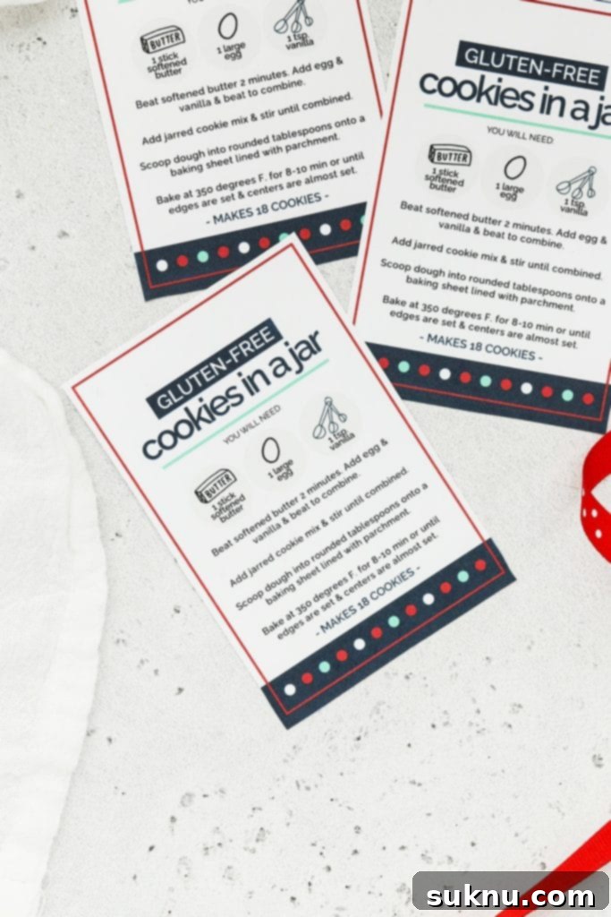Layout of free printable gift tags designed for gluten-free cookies in a jar, featuring clear baking instructions and a festive design.