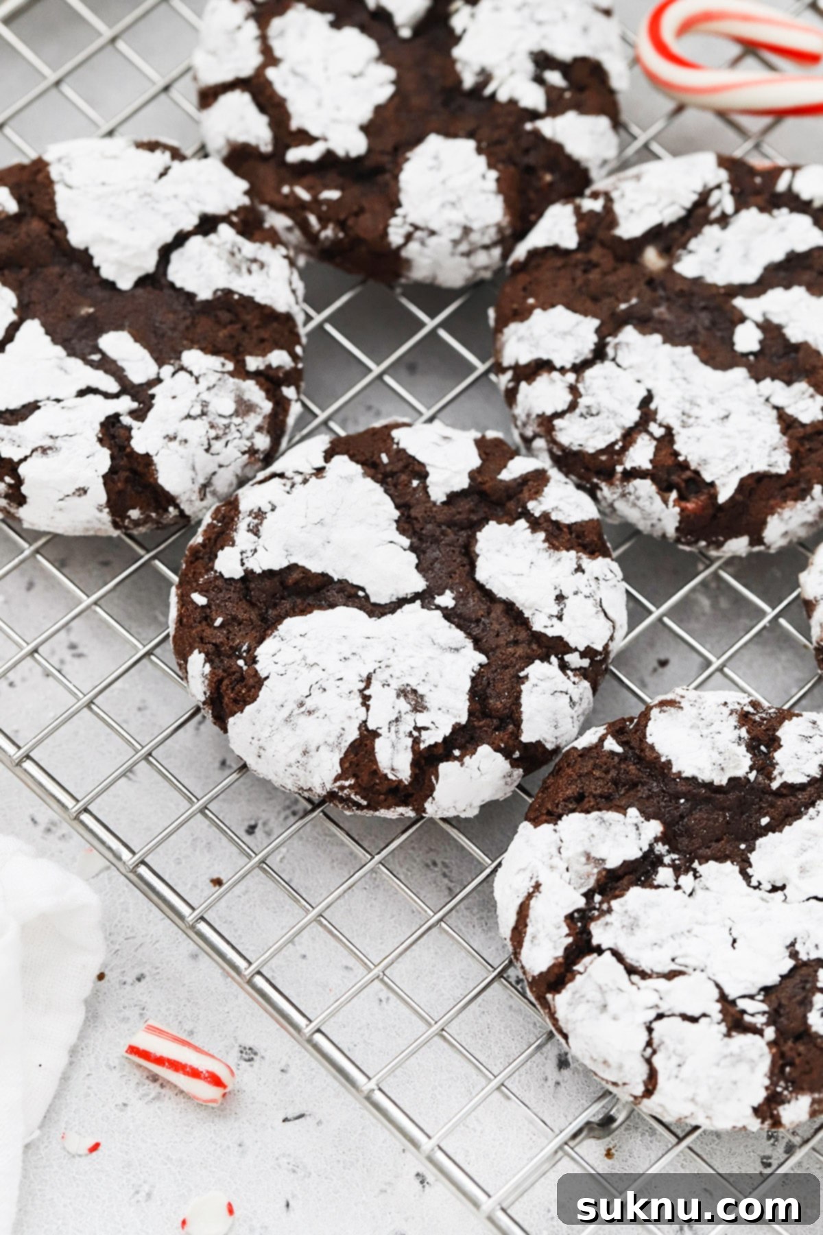 Front view of gluten-free peppermint chocolate crinkle cookies arranged neatly on a cooling rack, showing their perfectly cracked surfaces.