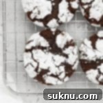 Overhead view of gluten-free peppermint chocolate crinkle cookies on a cooling rack, showcasing their distinctive crackled tops, powdered sugar coating, and hints of crushed candy cane.