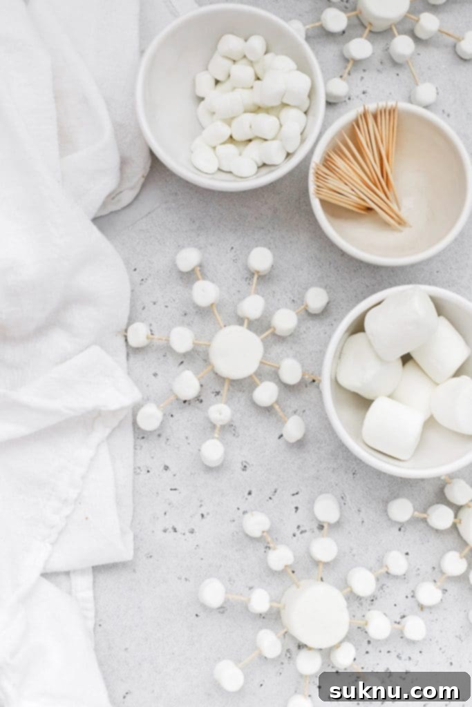 Marshmallow Snowflake Magic 3 Overhead view of two intricately designed marshmallow snowflakes made from marshmallows and toothpicks, ready to adorn hot cocoa.