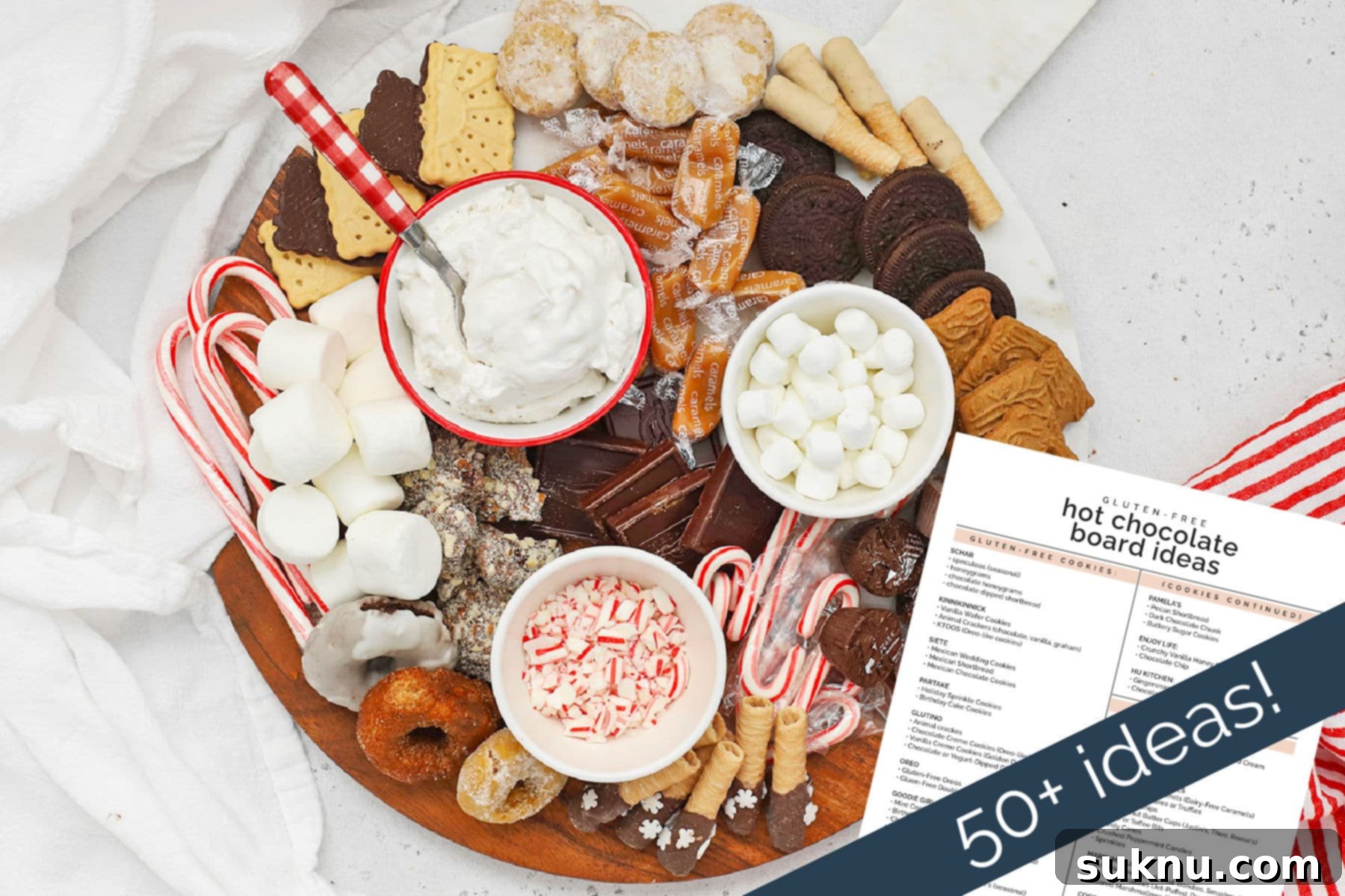 A close-up view of a gluten-free hot chocolate charcuterie board, focusing on the vibrant and inviting selection of toppings and sweet treats.