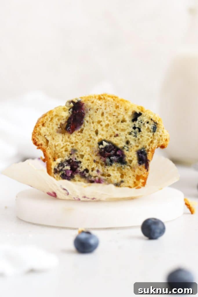 Gluten-free blueberry muffin cut in half to reveal a fluffy texture and juicy blueberries.