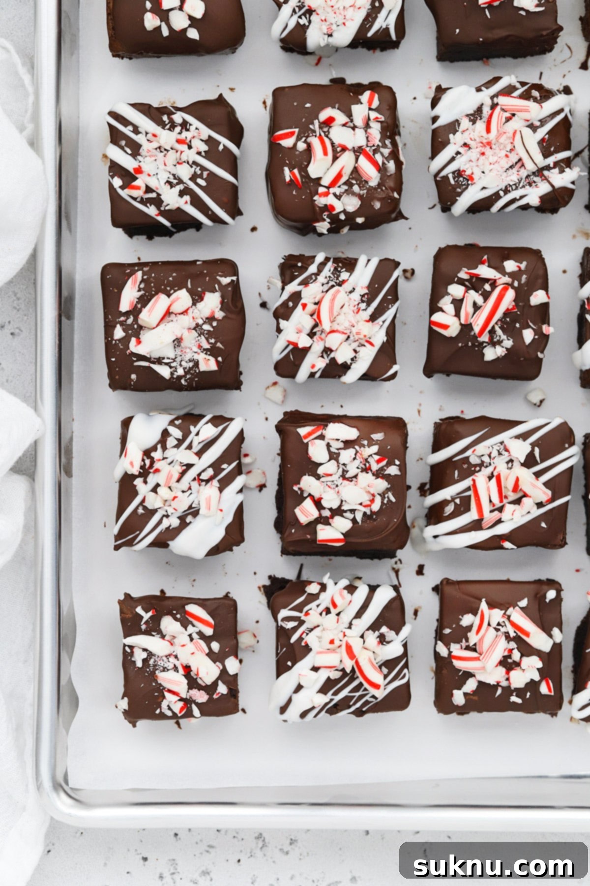 Another overhead view of gluten-free peppermint brownie bites, showcasing their festive appearance and tempting texture, ideal for a holiday dessert table or gift-giving.