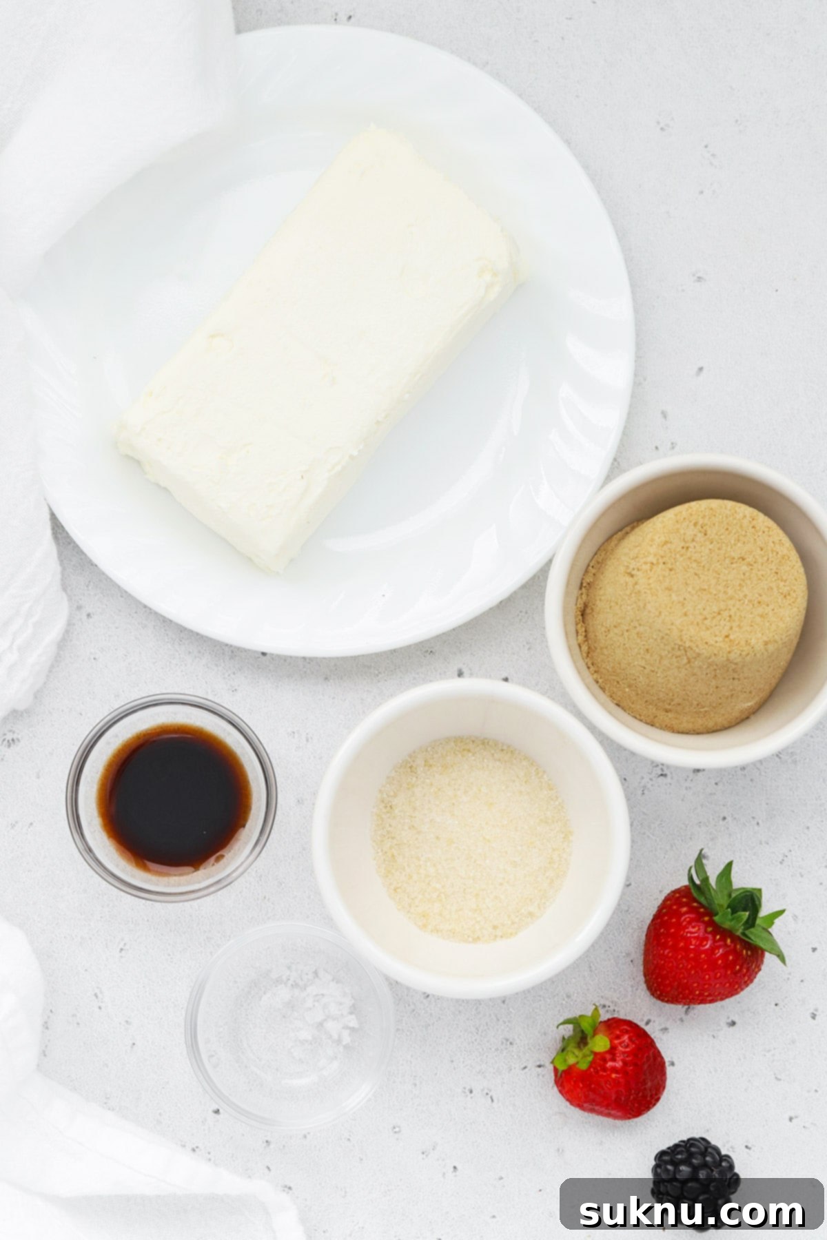 Brown Sugar Cream Cheese Fruit Dream 3 Bowl of softened cream cheese, brown sugar, white sugar, vanilla extract, and a pinch of salt—the simple ingredients for Cream Cheese Fruit Dip