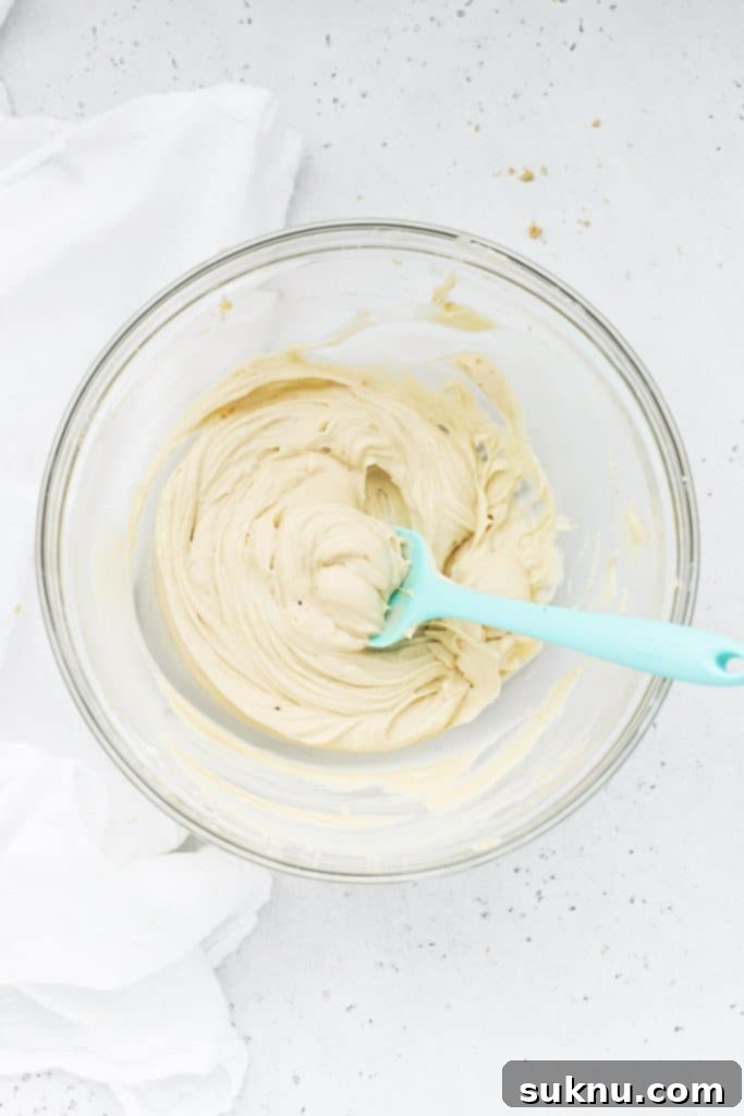 Brown Sugar Cream Cheese Fruit Dream 6 Close-up of freshly mixed brown sugar cream cheese fruit dip in a bowl